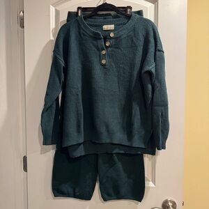 BE COOL Teal Waffle-Knit Wide Leg Lounge Set